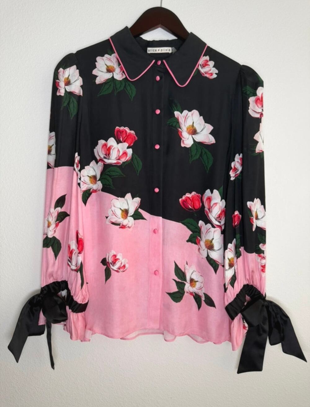 Alice + Olivia Willa Black Pink Floral Tied Blouson Sleeve Top Blouse Womens XL